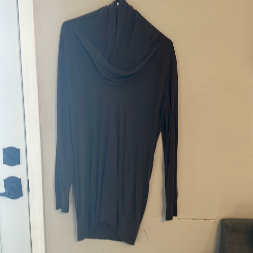Wrapped cowl neck light weight over hip sweater.